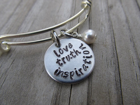 Inspiration Bracelet- "love truth inspiration" - Hand-Stamped Bracelet- Adjustable Bangle Bracelet with an accent bead of your choice