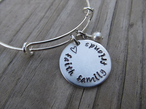 Faith Family Friends Bracelet- "♥ faith family friends" - Hand-Stamped Bracelet- Adjustable Bangle Bracelet with an accent bead of your choice