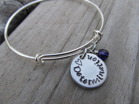 Determination Inspiration Bracelet- "♥ Determination" - Hand-Stamped Bracelet- Adjustable Bangle Bracelet with an accent bead of your choice