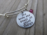 Inspiration Bracelet- "She knew she could do great things"- Hand-Stamped Bracelet  -Adjustable Bangle Bracelet with an accent bead of your choice