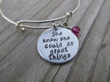 Inspiration Bracelet- "She knew she could do great things"- Hand-Stamped Bracelet  -Adjustable Bangle Bracelet with an accent bead of your choice
