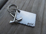 Golf Keychain- Gift For Golfer - Keychain- with the name of your choice or "golf" with golf clubs charm- Keychain