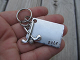 Golf Keychain- Gift For Golfer - Keychain- with the name of your choice or "golf" with golf clubs charm- Keychain