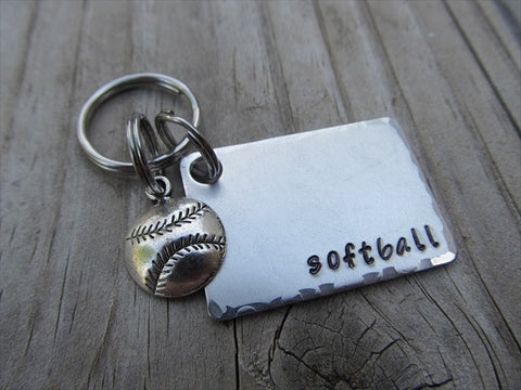Softball Keychain- Gift For Softball Fan- Keychain- with the name of your choice or "softball" with softball charm- Keychain