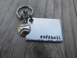 Softball Keychain- Gift For Softball Fan- Keychain- with the name of your choice or "softball" with softball charm- Keychain