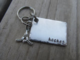 Hockey Keychain- Gift For Hockey Fan- Keychain- with the name of your choice or "hockey" with hockey sticks charm- Keychain