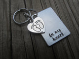 Miscarriage Inspirational Keychain- "in my heart" with heart/baby feet charm - Hand Stamped Metal Keychain