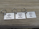 Personalized Sisters Keychains- 3 Keychain Set- "big sister", "middle sister", "little sister" -each with a heart and a name of your choice
