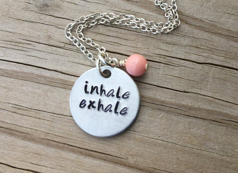 Inhale Exhale Inspiration Necklace- "inhale exhale"- Hand-Stamped Necklace with an accent bead in your choice of colors