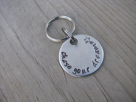 Small Hand-Stamped Keychain "chase your dreams" with stamped star- Hand-Stamped Keychain- Small Circle Keychain - Hand Stamped Metal Keychain