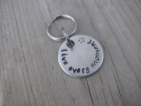 Small Hand-Stamped Keychain "live every moment" with stamped star - Small Circle Keychain - Hand Stamped Metal Keychain