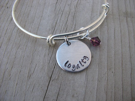 Loyalty Inspiration Bracelet - "loyalty" Bracelet-  Hand-Stamped Bracelet- Adjustable Bangle Bracelet with an accent bead of your choice