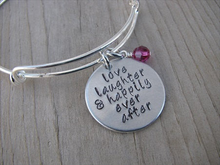 Wedding/Anniversary Bracelet- "love laughter & happily ever after"  - Hand-Stamped Bracelet- Adjustable Bangle Bracelet with an accent bead of your choice