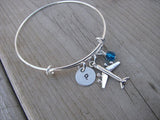 Airplane Charm Bracelet- Adjustable Bangle Bracelet with an Initial Charm and an Accent Bead of your choice