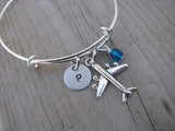 Airplane Charm Bracelet- Adjustable Bangle Bracelet with an Initial Charm and an Accent Bead of your choice