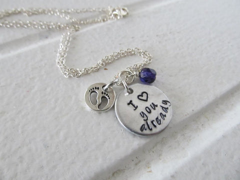 Expectant mother Necklace Gift- "I ♥ you already"- with baby feet charm - Hand-Stamped Necklace with an accent bead in your choice of colors