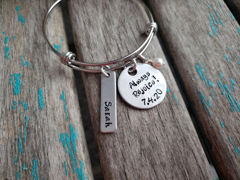 Personalized Always Rejoice Bracelet- "Always Rejoice!" with a date, name charm, and accent bead of your choice - Hand-Stamped Bracelet