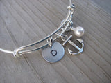 Anchor Charm Bracelet -Adjustable Bangle Bracelet with an Initial Charm and an Accent Bead of your choice