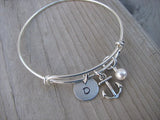Anchor Charm Bracelet -Adjustable Bangle Bracelet with an Initial Charm and an Accent Bead of your choice