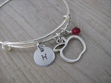 Apple Charm Bracelet -Adjustable Bangle Bracelet with an Initial Charm and an Accent Bead of your choice
