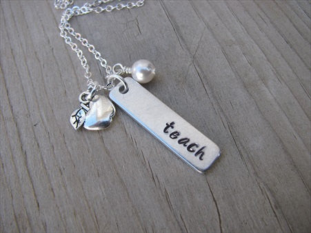 Teacher Necklace-brushed silver rectangle with "teach", and an apple charm -  Hand-Stamped Necklace with an accent bead of your choice