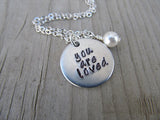 You Are Loved Inspiration Necklace- "you are loved" - Hand-Stamped Necklace with an accent bead in your choice of colors