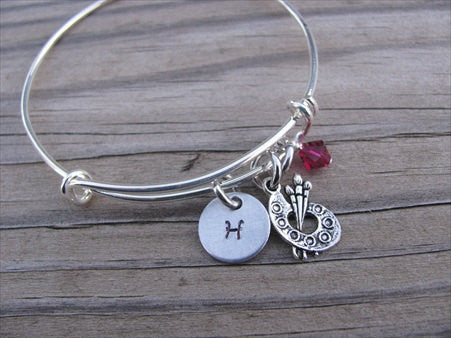 Art Palette Charm Bracelet -Adjustable Bangle Bracelet with an Initial Charm and an Accent Bead of your choice