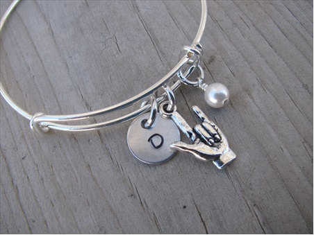 Sign Language- I Love You  Charm Bracelet- Adjustable Bangle Bracelet with an Initial Charm and an Accent Bead of your choice