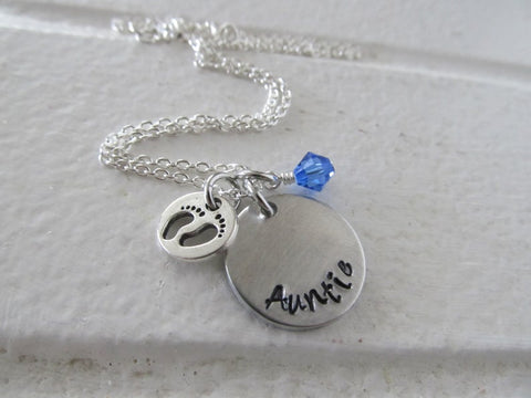 Auntie Necklace- Hand-stamped necklace, "Auntie" with a baby footprints charm - Hand-Stamped Necklace  -with an accent bead of your choice