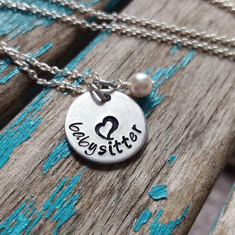 Babysitter Necklace- "babysitter" with a heart - Hand-Stamped Necklace with an accent bead in your choice of colors