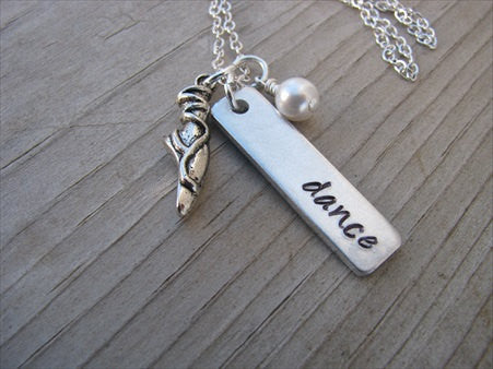 Dancer Necklace-brushed silver rectangle with "dance" and a ballet shoe charm - Hand-Stamped Necklace  -with an accent bead of your choice