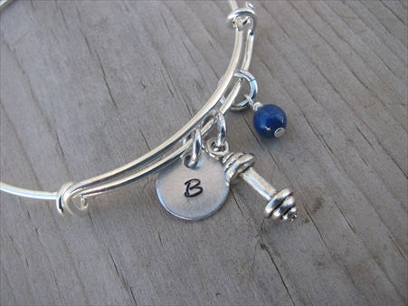 Exercise/Barbell Charm Bracelet- Adjustable Bangle Bracelet with Initial Charm and An Accent Bead of your choice