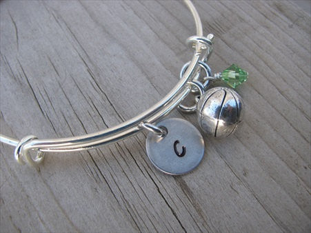 Basketball Charm Bracelet -Adjustable Bangle Bracelet with an Initial Charm and an Accent Bead of your choice