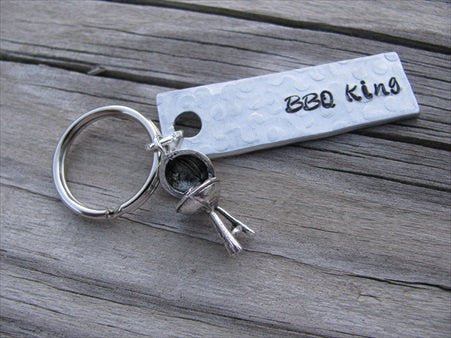 BBQ Keychain - "BBQ King" with grill charm- Hand Stamped Metal Keychain- small, narrow keychain