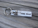 BBQ Keychain - "BBQ King" with grill charm- Hand Stamped Metal Keychain- small, narrow keychain