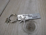 Beach Keychain - "Beach Sun Sand" with Starfish charm - Hand Stamped Metal Keychain- small, narrow keychain