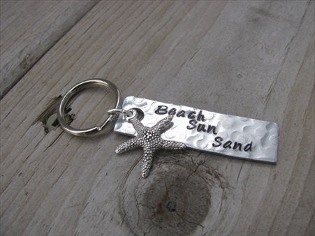 Beach Keychain - "Beach Sun Sand" with Starfish charm - Hand Stamped Metal Keychain- small, narrow keychain