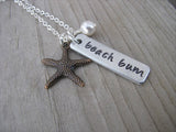 Beach Bum Necklace-brushed silver rectangle with "beach bum", an antique copper starfish charm -  Hand-Stamped Necklace  -with an accent bead of your choice