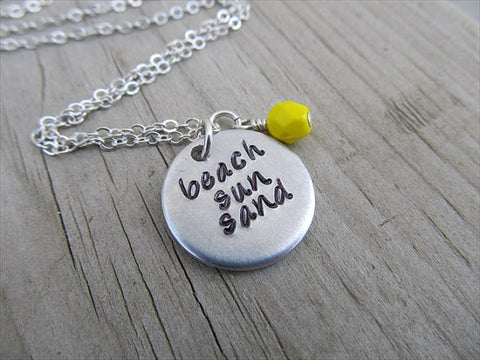 Beach Sun Sand Inspiration Necklace- "beach sun sand" - Hand-Stamped Necklace with an accent bead in your choice of colors