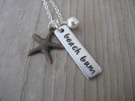 Beach Bum Necklace-brushed silver rectangle with "beach bum", an antique copper starfish charm -  Hand-Stamped Necklace  -with an accent bead of your choice
