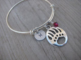 Bear Paw Charm Bracelet -Adjustable Bangle Bracelet with an Initial Charm and an Accent Bead of your choice