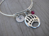 Bear Paw Charm Bracelet -Adjustable Bangle Bracelet with an Initial Charm and an Accent Bead of your choice