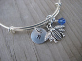 Bee Charm Bracelet -Adjustable Bangle Bracelet with an Initial Charm and an Accent Bead of your choice