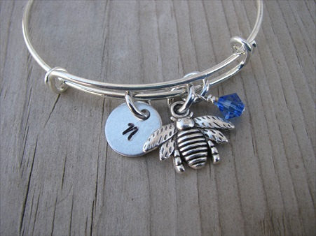 Bee Charm Bracelet -Adjustable Bangle Bracelet with an Initial Charm and an Accent Bead of your choice