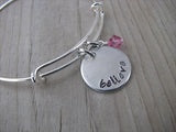 Believe Inspiration Bracelet- "believe"  - Hand-Stamped Bracelet  -Adjustable Bangle Bracelet with an accent bead of your choice