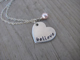 Believe Heart Necklace- Hand-Stamped heart with "believe" -Necklace with an accent bead in your choice of colors