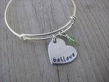 Believe Heart Bracelet- Hand-Stamped heart with "believe"- Hand-Stamped Bracelet -Adjustable Bangle Bracelet with an accent bead of your choice