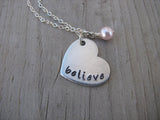 Believe Heart Necklace- Hand-Stamped heart with "believe" -Necklace with an accent bead in your choice of colors