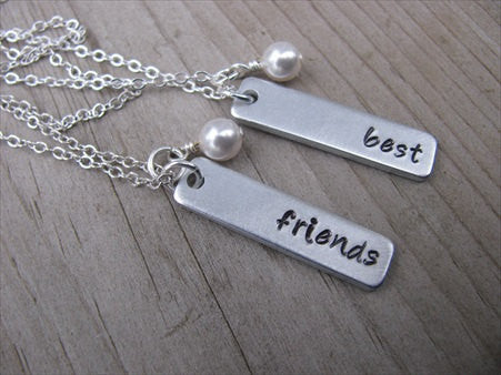 Best Friends Necklaces- 2 Necklace Set- "best", "friends", rectangle pendants-- Hand-Stamped Necklaces  -with an accent bead of your choice