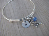 Bird Charm Bracelet -Adjustable Bangle Bracelet with an Initial Charm and an Accent Bead of your choice